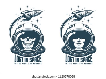 Astronaut vintage logo. Space helmet with flying rocket emblem. Skull in spacesuit badge. Vector illustration.