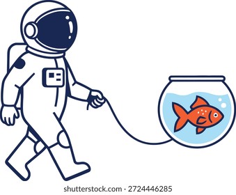 Astronaut geht Fisch Aufkleber mit einem surrealen Raum Entdecker zu Fuß einen Goldfisch in einer schwimmenden Schüssel an der Leine. Minimale flache Vektorgrafik ideal für kreative Aufkleber, Bekleidungsdrucke, Poster und modernes Branding.
