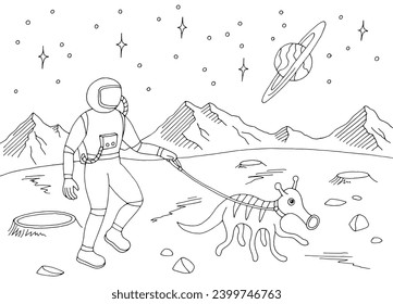 Astronauta caminando su mascota gráfica espacio blanco negro paisaje de dibujo gráfico vector