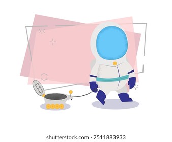 Astronaut walking with lunar vehicle. Toy, satellite, space costume. Can be used for topics like spaceship, transportation, engineering