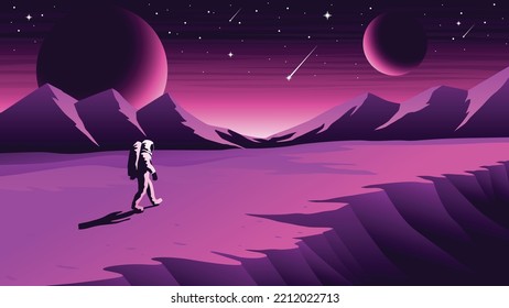 Astronaut walking on mars purple space with large planets on purple starry sky, meteors and mountains landscape.