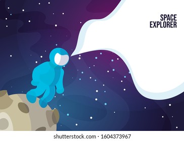 Astronaut Astronaut walking on the Moon or Asteroid. Space exlorer man in blue space suit in deep space, web banner. Vector Astronaut Standing on some Planet