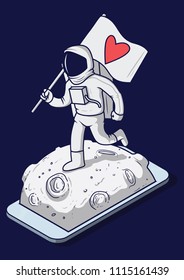 Astronaut walking on the moon with a flah with a heart vector illustration. Technology, social media, future, space, exploration design concept