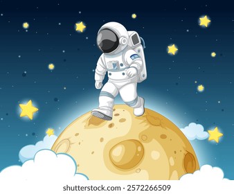 Astronaut walking on moon surrounded by stars