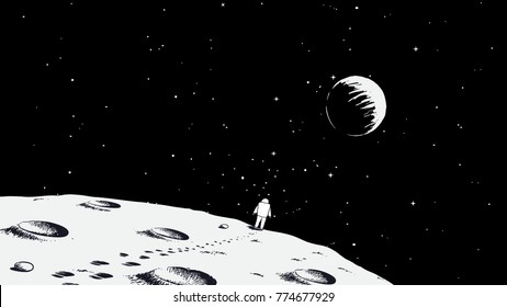 Astronaut Walking On Moon.Earth Is Visible Far Away.Drawing Style.Space Vector Illustration