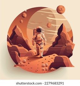 Astronaut walking on red planet Mars Mission cosmonaut flat vector design illustration