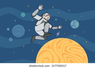 Astronaut walking in open universe. Cosmonaut in spacesuit among planets in cosmos. Spacewalking concept. Vector illustration. 