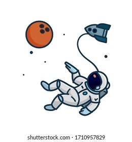 Astronaut walking in space, pointing at bowling ball shaped planet, isolated vector illustration for Space Day on May 1st. 