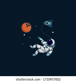 Astronaut walking in space, pointing at bowling ball shaped planet, vector illustration for Space Day on May 1st. 