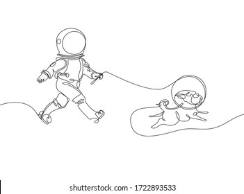 Astronaut Walks With A Dog. A Dog In Space. Illustration On The Theme Of Astronomy.  One Line Drawing. Continuous Line. Minimalistic Graphics.