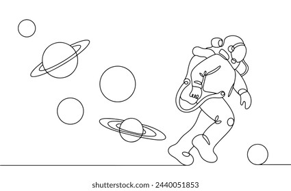 The astronaut walks forward surrounded by different planets. It assesses the survival potential of various organisms in the space environment. World Aviation and Cosmonautics Day. Vector illustration.