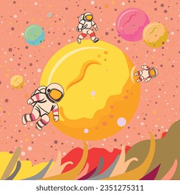 Astronaut walks on the moon. Astronaut in space with helmet discovering outerspace. Flying astronaut in space with stars around cartoon vector Icon illustration. Vector.