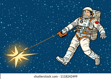 astronaut walks a star like a dog. Pop art retro vector illustration kitsch vintage drawing