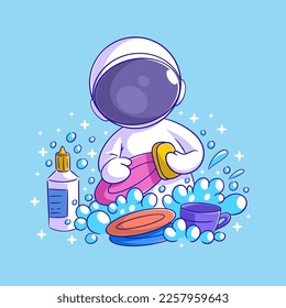 Astronaut is washing dishes and glasses