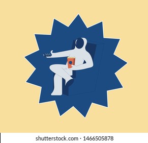 Astronaut watches TV, switches channels, sitting on armchair. Bright background. Vector illustration