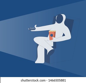 Astronaut watches TV, switches channels, sitting on armchair. Dark background. Vector illustration