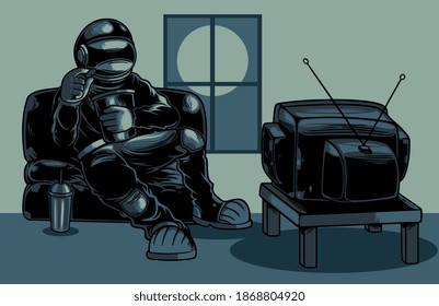 Astronaut Watching Television Cartoon Character Vector Flat Illustration. Cool Cosmonaut Sitting In Sofa Watching Tv While Eating Popcorn. Good For Poster, Logo, Sticker, Or Apparel Merchandise.