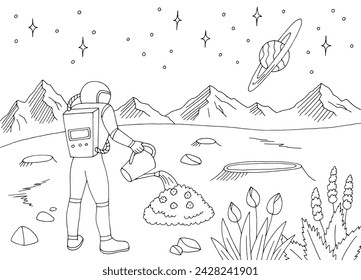 Astronaut watering flower on alien planet graphic black white space landscape sketch illustration vector