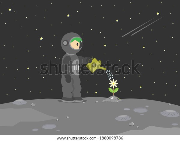 Astronaut watering flower on\
the moon surface cartoon vector. planting some flower on Lunar\'s\
surface.