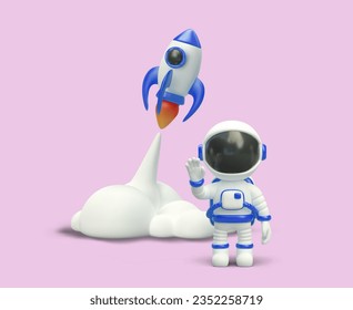 Astronaut waves goodbye during launch of space rocket. Expedition into space. Color concept in cartoon style. Start of new project, business. Beginning of new stage