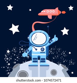 astronaut waves his arm in space is on  planet, on moon, connected with oxygen to airplane, rockets. Stars, science, milk path, constellation. Modern vector flat image design isolated on black back