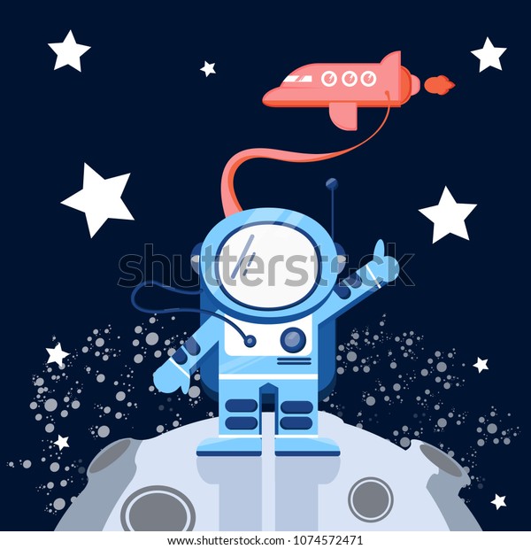 astronaut waves his arm in space is on  planet, on\
moon, connected with oxygen to airplane, rockets. Stars, science,\
milk path, constellation. Modern vector flat image design isolated\
on black back