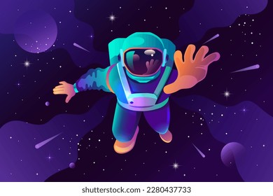 El astronauta le mueve la mano. Gesto de bienvenida. Espacio, planetas y estrellas. Diseño de degradado. Ilustración vectorial moderna.