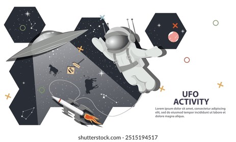 An astronaut waves to a UFO flying by against the background of space in the form of honeycombs, flat childrens doodles