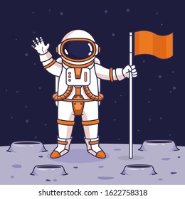 Astronaut waving hand and holding flag on the moon, vector cartoon illustration