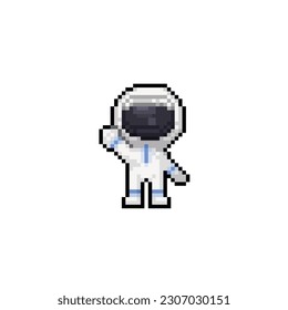 astronaut with waving hand in pixel art style