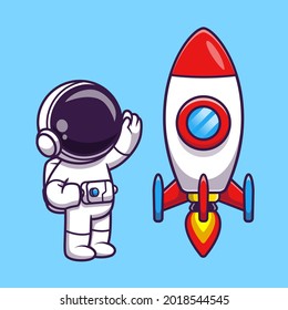 Astronaut Waving Hand to Rocket Cartoon Vektorsymbol Illustration. Science Technology Icon Konzept isolierter Premium-Vektorgrafik. Flachbildkartonstil