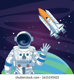 astronaut waving hand spacecraft planet space exploration vector illustration