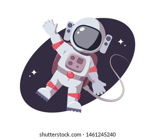 Astronaut waving his hand friendly. Flat cosmic character on background of open space. Star mission, intergalactic flight, galactic research concept. Cosmonaut for comic, games and other design needs