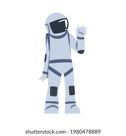 Astronaut Waving his Hand, Space Tourist Character in Space Suit Doing Hello Gesture Cartoon Vector Illustration