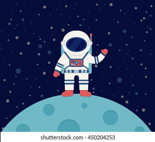 Astronaut waving in outer space on moon. Cosmos. Vector illustration 