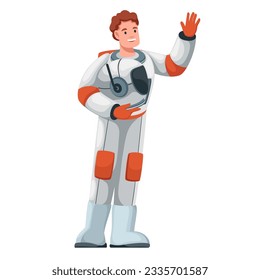 Astronaut waving vector illustration. Cartoon isolated spaceman holding helmet and hand up to say Hello, Goodbye and Welcome, happy male astronaut character in spacesuit standing and greeting