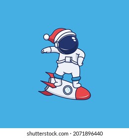 Astronaut Wearing A Christmas Hat And Riding A Rocket