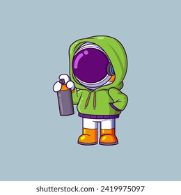 astronaut wearing hoodie jacket and holding a Spray Paint Can cartoon character of illustration