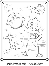 Astronaut wearing pumpkin mask in space grave suitable for children's coloring page vector illustration
