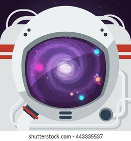 Astronaut wearing space helmet looking at cosmos on background with starry sky flat vector illustration 