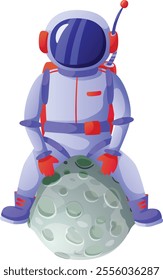 Astronaut wearing a spacesuit and helmet sits atop a large asteroid, embarking on an exciting journey through the vast expanse of outer space