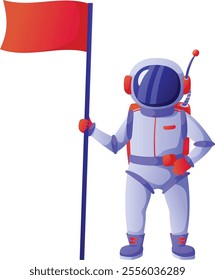 Astronaut wearing spacesuit is holding red flag after planting it on surface of new planet, celebrating conquering and discovery in space exploration mission