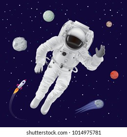 Astronaut wearing spacesuit and planets behind, Venus and Pluto, Neptune and Earth, rocket and man, vector illustration isolated on blue background