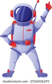 Astronaut wearing a spacesuit points upward with one hand while placing the other hand on the hip, suggesting a direction or highlighting something above