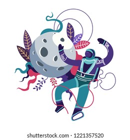 Astronaut wearing special spacesuit, foliage and leaves decor. Exploration of moon and outer space by man vector. Explorer floating by planet, astronomy scientific discoveries made by cosmonaut