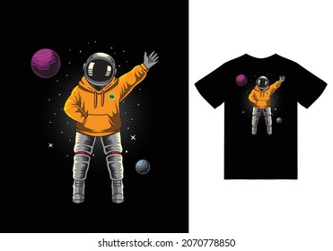 Astronaut wearing sweater on space illustration with tshirt design premium vector the Concept of Isolated Technology. Flat Cartoon Style Suitable for Landing Web Pages, Banners, Flyers, Stickers