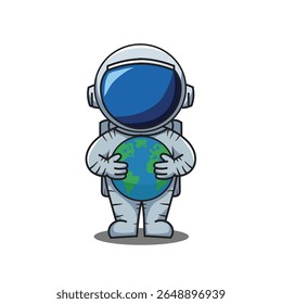 An astronaut wearing a white spacesuit holding a globe in both hands