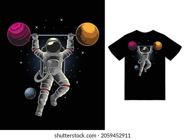 Astronaut weightlifting in space illustration with tshirt design premium vector the Concept of Isolated Technology. Flat Cartoon Style Suitable for Landing Web Pages, Banners, Flyers, Stickers, Cards