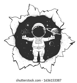 The astronaut welcomes us to space from hole . Vector illustration