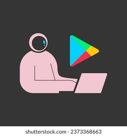 The astronaut went to the Google Play store from his computer. Flat vector illustration isolated on white background.